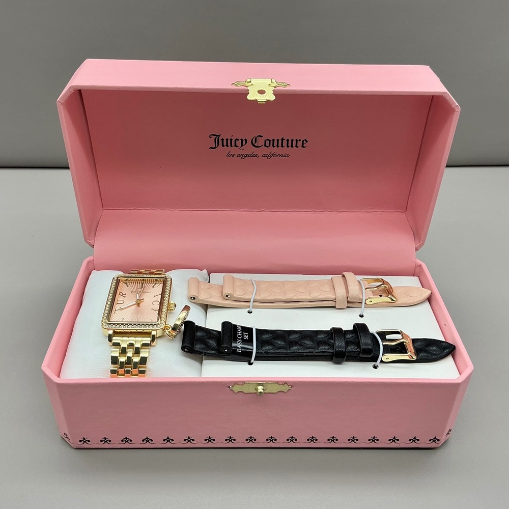 Juicy Couture Womens Watch Gold Tone Rhinestone Pink Dial 2 Extra Bands Box Set - Picture 3 of 8